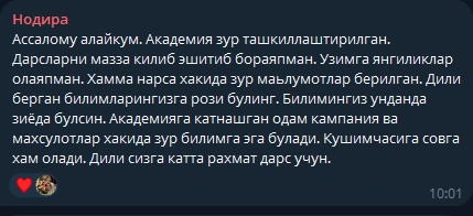 Отзыв Нодиры в Telegram